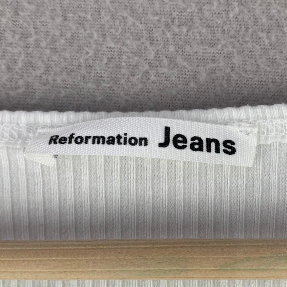 Reformation Jeans Vita Top Womens Small White Ribbed Puff Long Sleeve Scoop Neck